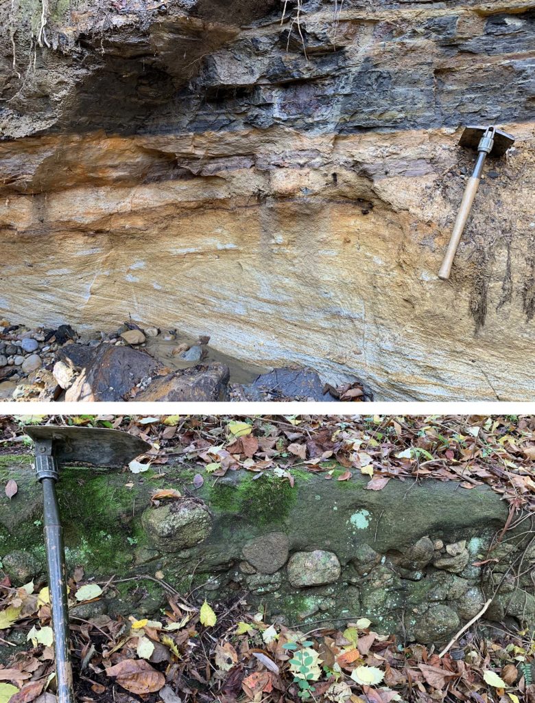 Upper photo- Cross bedding in the Cretaceous Potomac Group. Lower photo- Conglmerate in the Richmond basin.