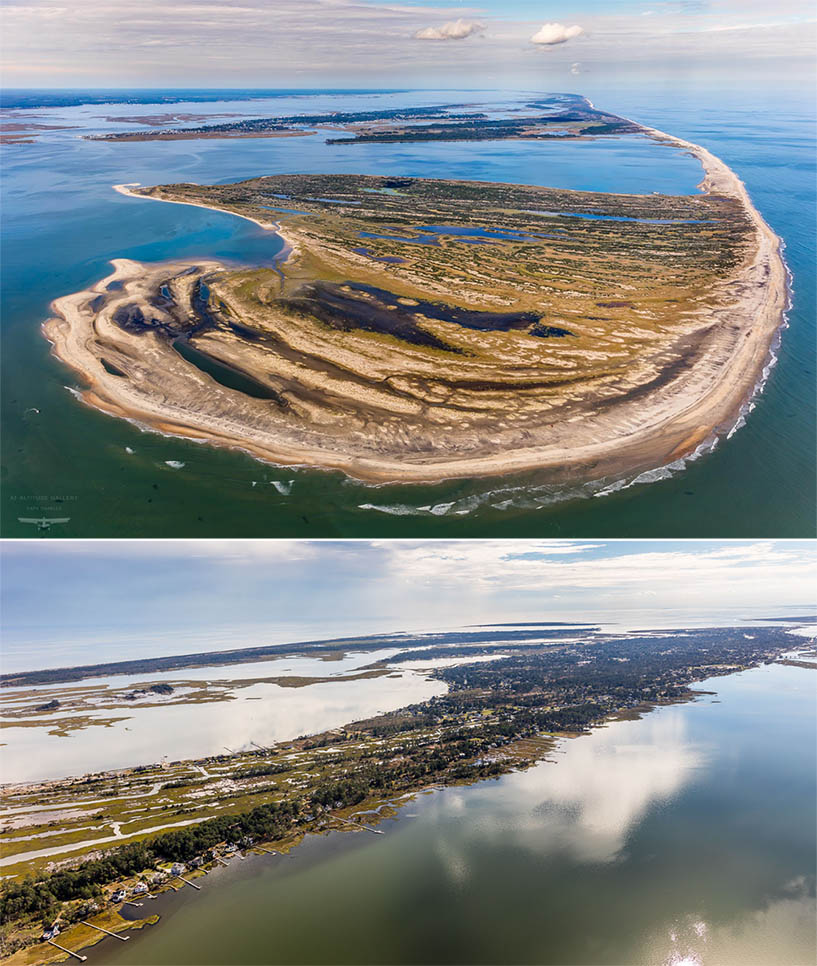 Aerial views of the southern end of Assateague Island (top) and Chincoteague (bottom). Aerial imagery courtesy of Gordon Campbell of At Altitude Gallery.
